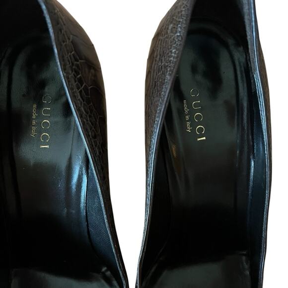 Gucci Leather Crocodile Embossed Thick Heel Pumps Cocoa Timeless Classic 8.5 - Picture 10 of 14